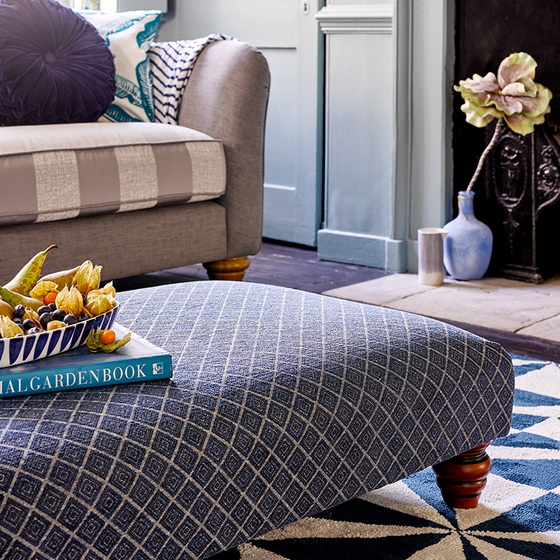 Blue Footstool Patterned Fabric Oak Furnitureland