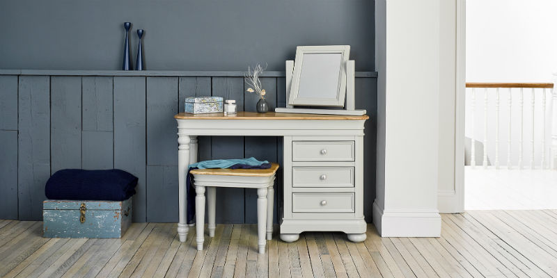 dressing table in blue painted bedroom