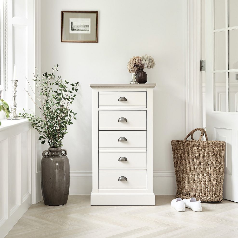 Brompton Painted Acacia and Ash Top 5 Drawer Tallboy - Solid Hardwood 1