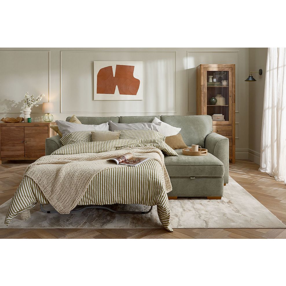 Eastley Right Hand Chaise Sofa Bed with Storage in Limoge Green Fabric with Beige Scatters 26