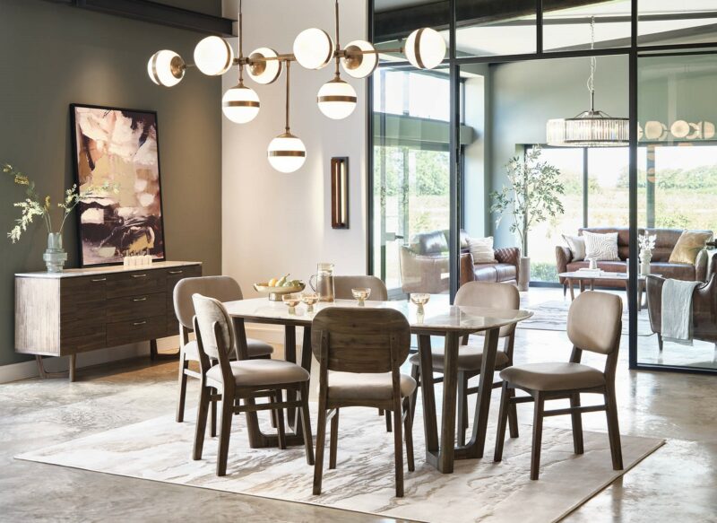 A dining table and chairs-dining room furniture-marble top dining table-upholstered dining chairs-sideboard