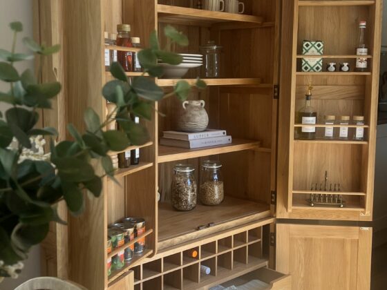 A larder-kitchen diner furniture-open plan living-wooden larder storing food and drink-shelves with crockery-cook books-house plant-wooden chair