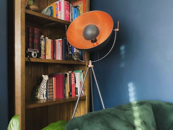 A cosy reading corner-living room-deep green velvet Chesterfield style sofa-navy blue wall-tall wooden bookcase-colourful books-vintage camera-small potted plants-industrial style tripod floor lamp