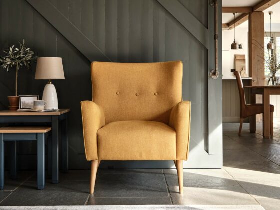 A chair and side table-living room furniture-nest of tables-mustard accent chair-open plan living