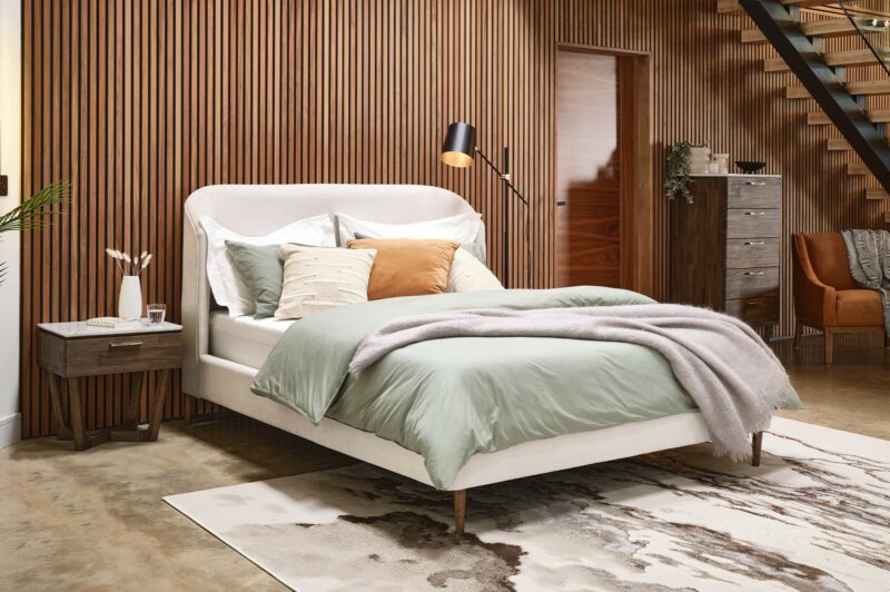 A double bed and wooden storage-bedroom furniture-upholstered double bed-marble top wooden side table-tallboy