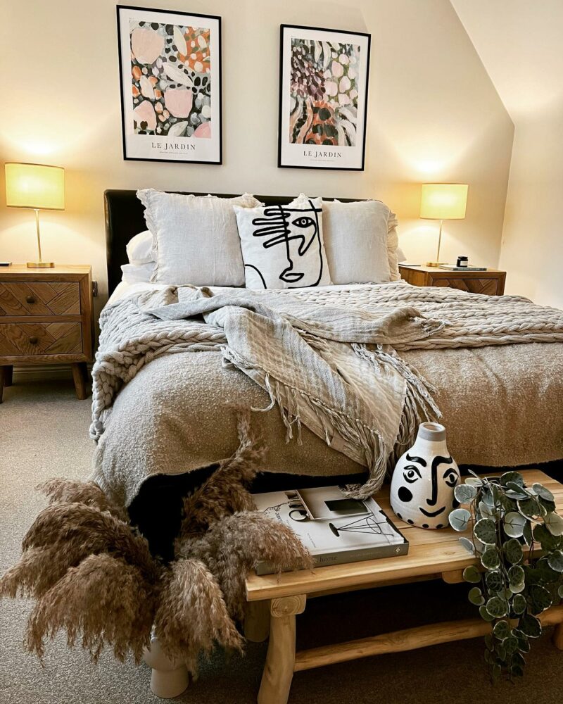 Oak Furnitureland Parquet bedside table in a relaxing bedroom with boho-style decor.