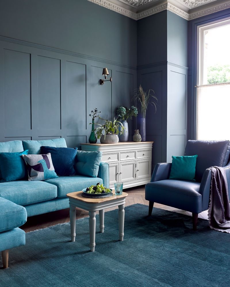 Brighton corner sofa, trend accent chair, bridnle side table, brindle large sideboard in large blue living room