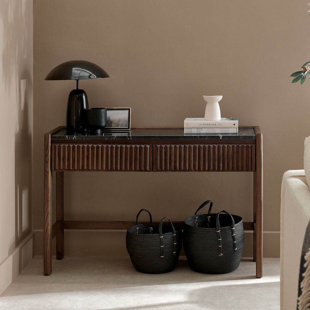 Oliver Dark Solid Oak and Black Marble Console Table 1