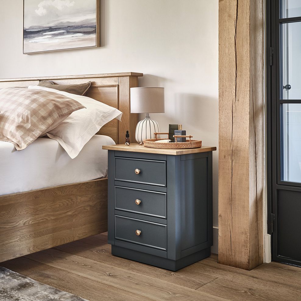 Richmond Smoked Oak Finish and Ink Blue Painted Hardwood 3 Drawer Bedside Table 2