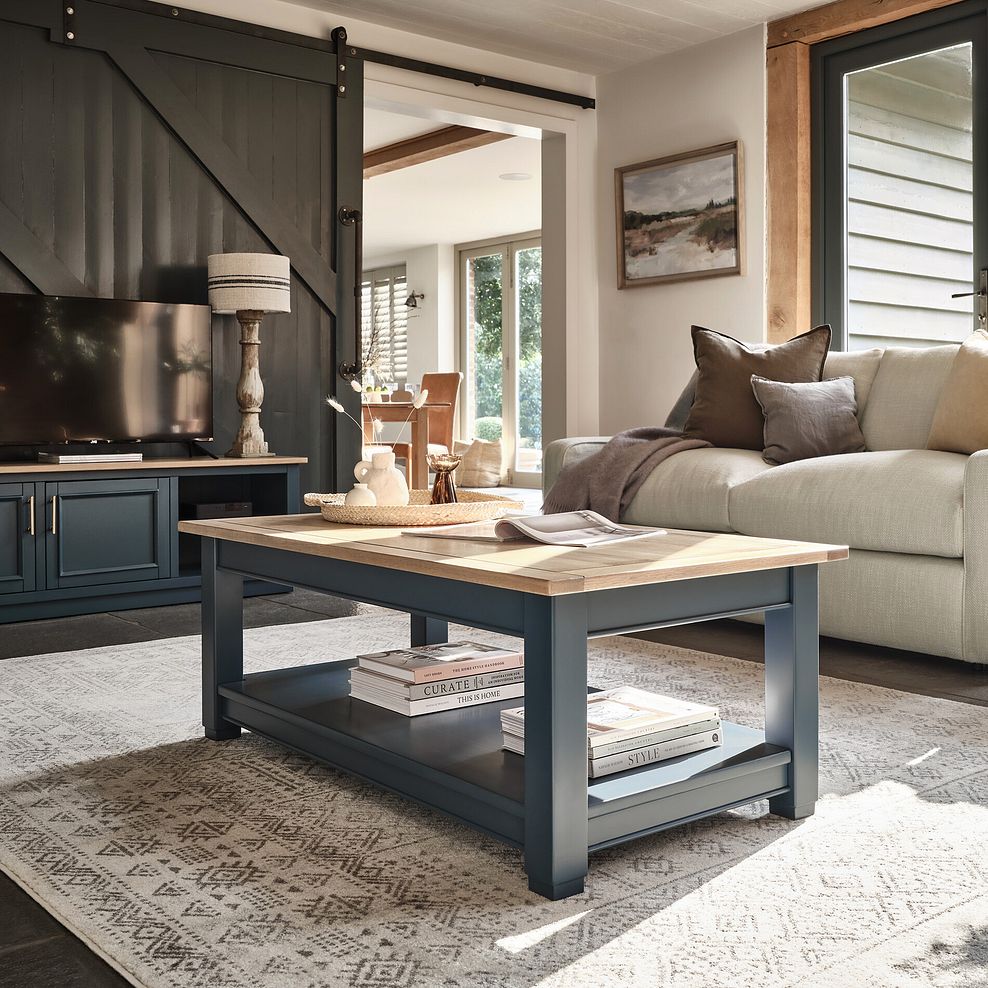 Richmond Smoked Oak Finish and Ink Blue Painted Hardwood Coffee Table 1