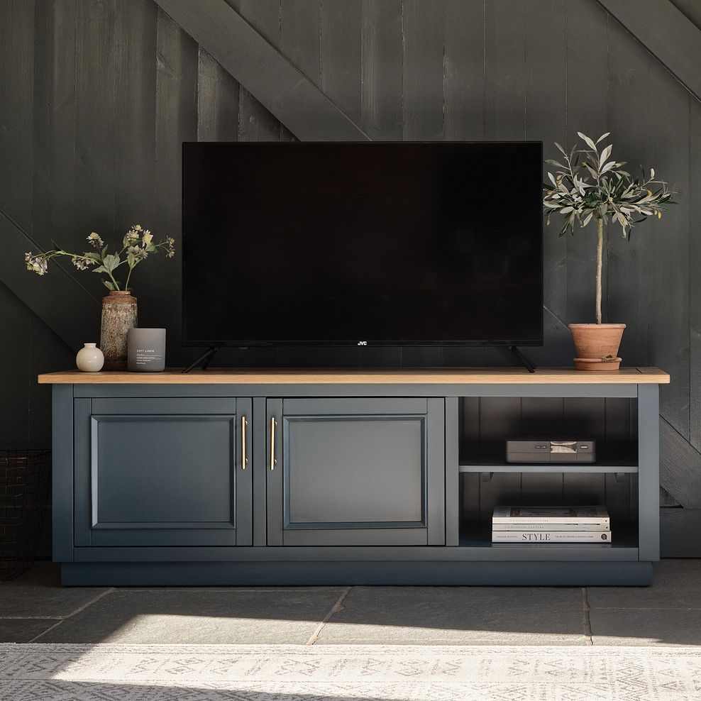 Richmond Smoked Oak Finish and Ink Blue Painted Hardwood Large TV Unit 1