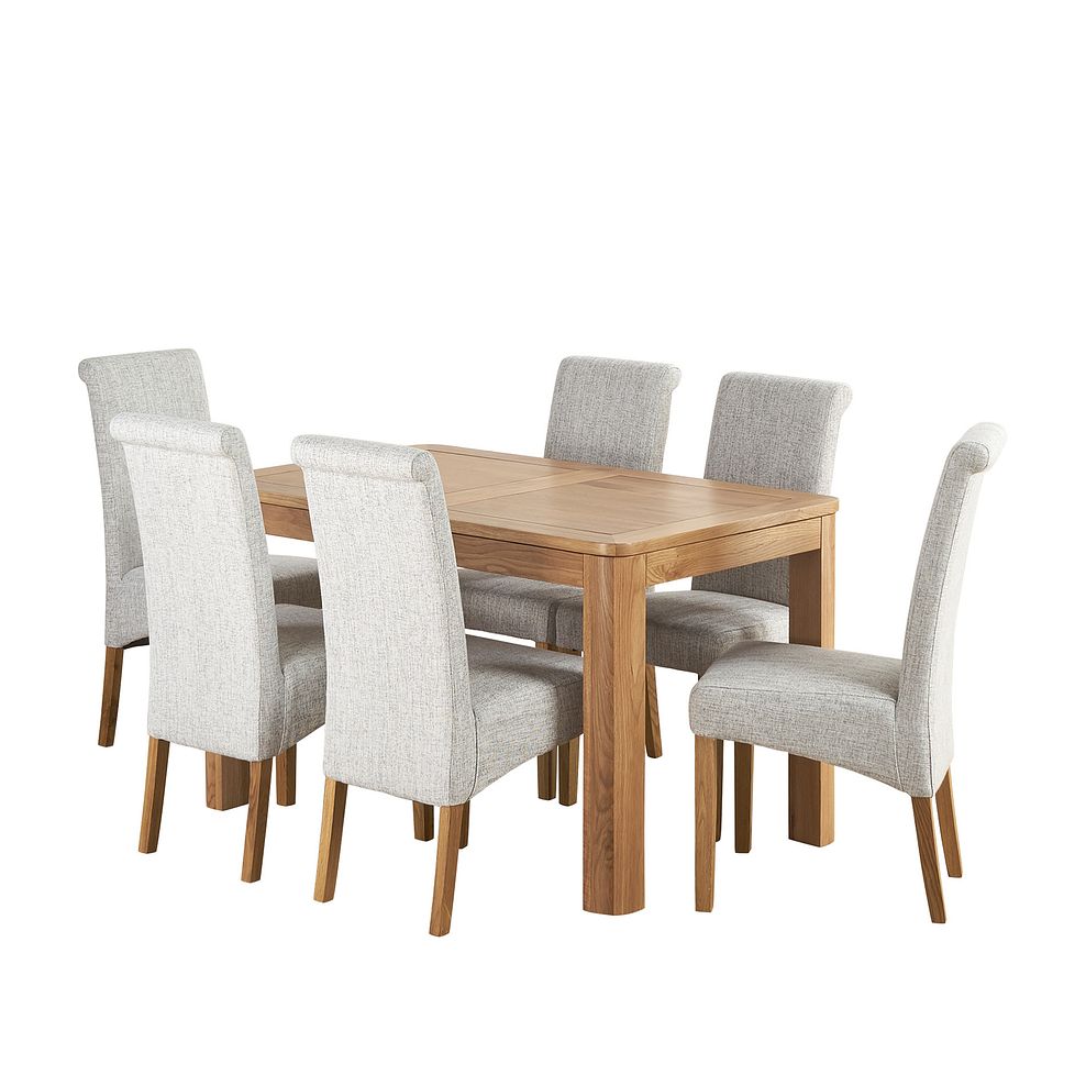 Romsey Natural Solid Oak Extending Dining Table and 6 Scroll Back Plain Grey Fabric Chairs 1