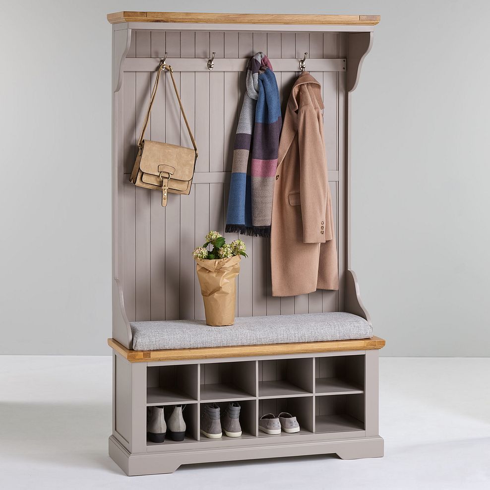 St Ives Natural Oak and Light Grey Painted Hallway Unit with Plain Grey Fabric Hallway Pad 3