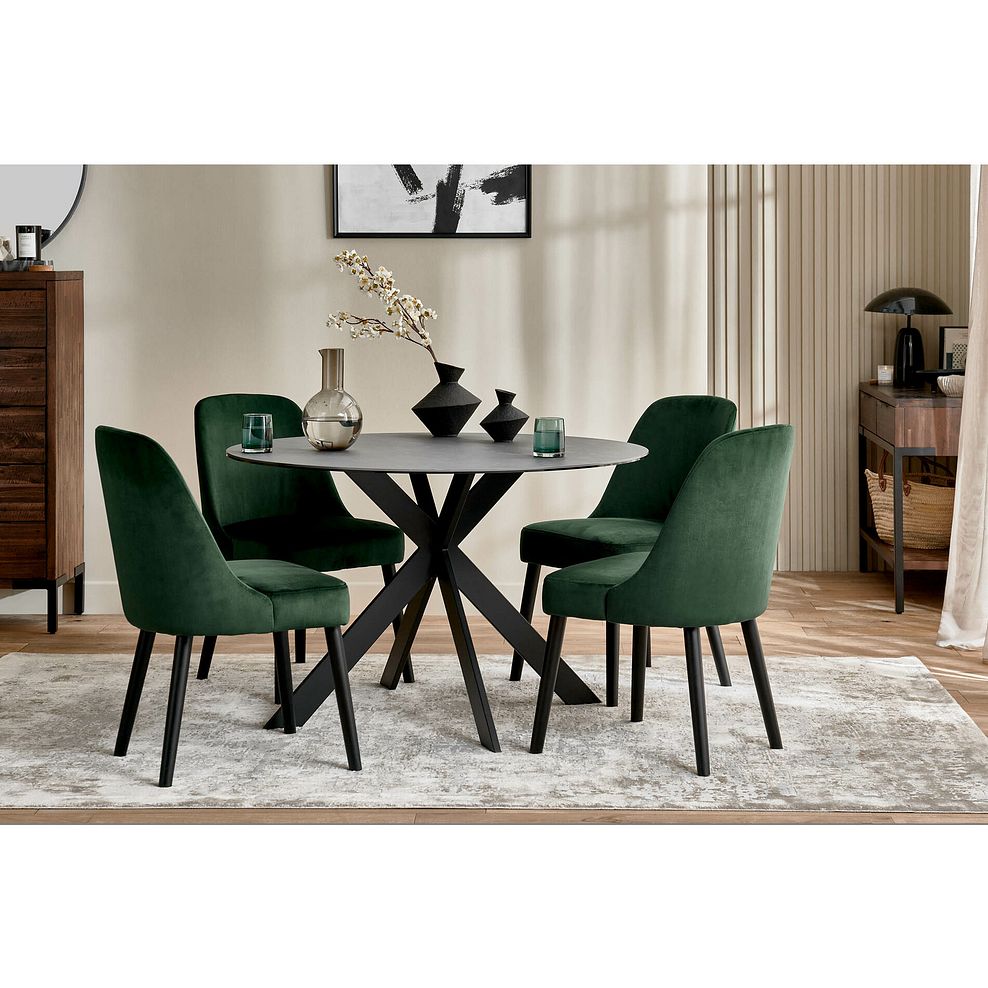 Venice Grey Ceramic Round Dining Table + 4 Bette Chair with Black Legs in Heritage Bottle Green Velvet 1