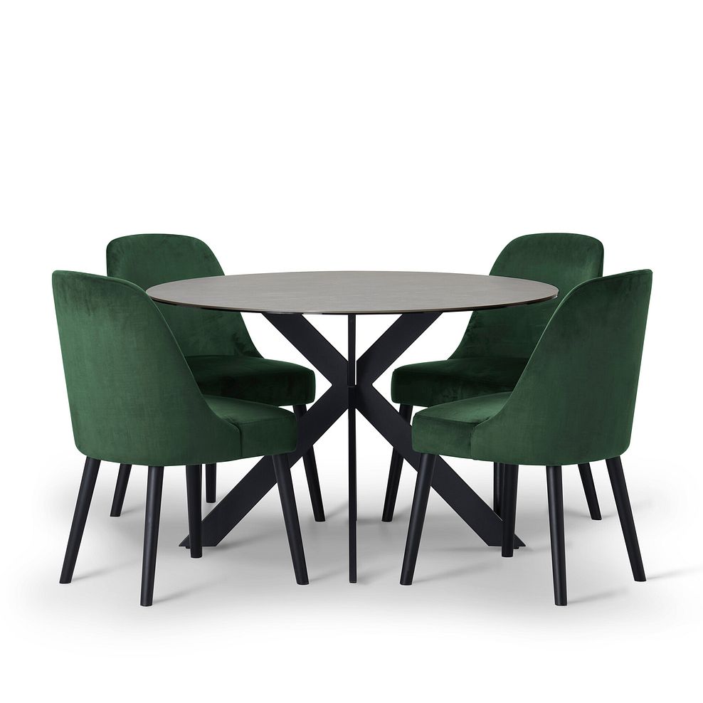 Venice Grey Ceramic Round Dining Table + 4 Bette Chair with Black Legs in Heritage Bottle Green Velvet 3